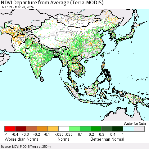 Asia NDVI Departure from Average (Terra-MODIS) Thematic Map For 3/21/2024 - 3/28/2024