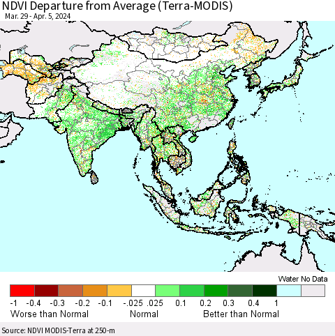 Asia NDVI Departure from Average (Terra-MODIS) Thematic Map For 3/29/2024 - 4/5/2024