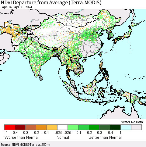 Asia NDVI Departure from Average (Terra-MODIS) Thematic Map For 4/14/2024 - 4/21/2024