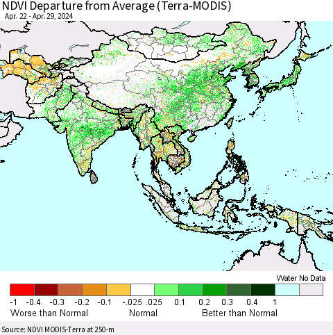 Asia NDVI Departure from Average (Terra-MODIS) Thematic Map For 4/22/2024 - 4/29/2024