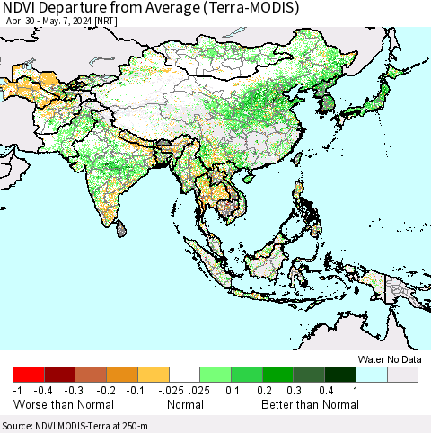 Asia NDVI Departure from Average (Terra-MODIS) Thematic Map For 4/30/2024 - 5/7/2024