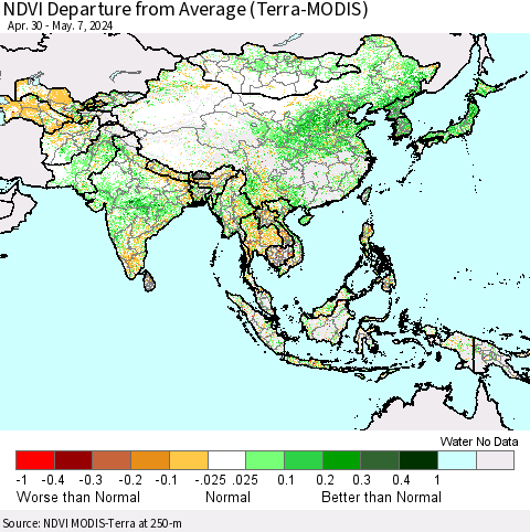 Asia NDVI Departure from Average (Terra-MODIS) Thematic Map For 4/30/2024 - 5/7/2024