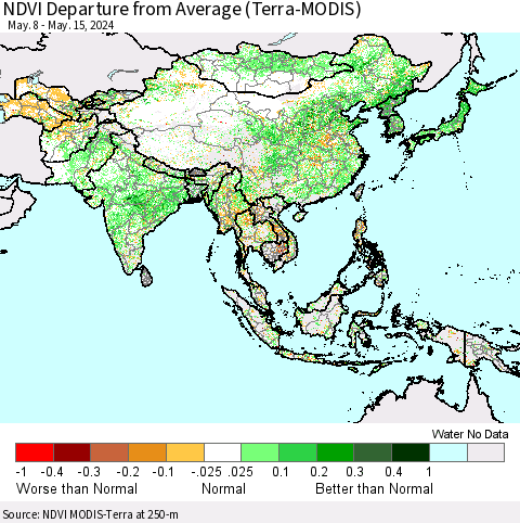 Asia NDVI Departure from Average (Terra-MODIS) Thematic Map For 5/8/2024 - 5/15/2024