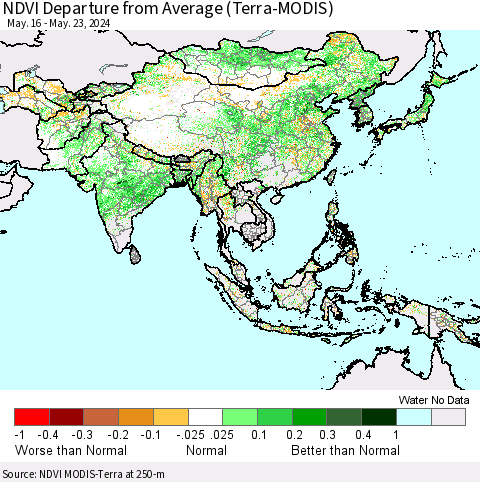 Asia NDVI Departure from Average (Terra-MODIS) Thematic Map For 5/16/2024 - 5/23/2024