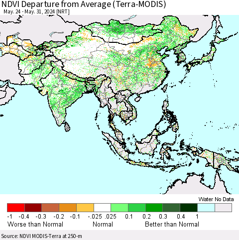 Asia NDVI Departure from Average (Terra-MODIS) Thematic Map For 5/24/2024 - 5/31/2024