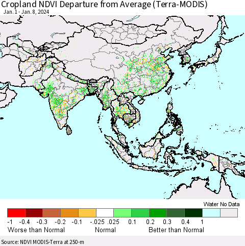Asia Cropland NDVI Departure from Average (Terra-MODIS) Thematic Map For 1/1/2024 - 1/8/2024