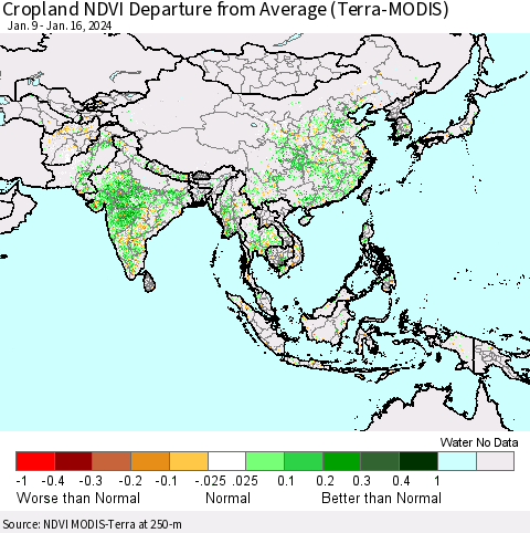Asia Cropland NDVI Departure from Average (Terra-MODIS) Thematic Map For 1/9/2024 - 1/16/2024