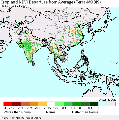 Asia Cropland NDVI Departure from Average (Terra-MODIS) Thematic Map For 1/17/2024 - 1/24/2024
