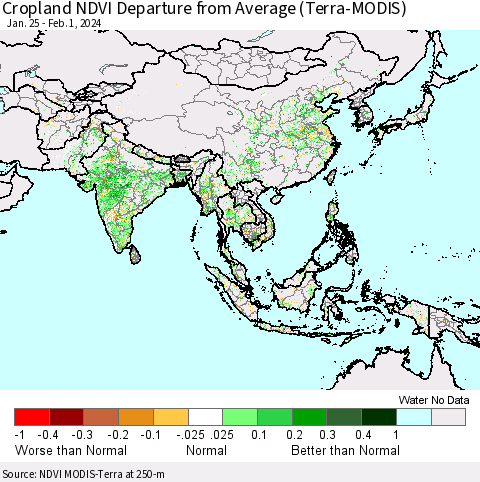 Asia Cropland NDVI Departure from Average (Terra-MODIS) Thematic Map For 1/25/2024 - 2/1/2024