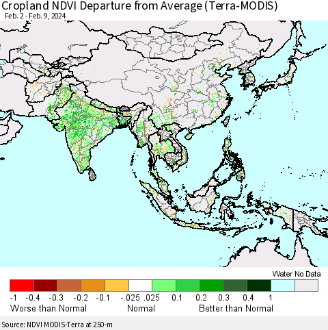Asia Cropland NDVI Departure from Average (Terra-MODIS) Thematic Map For 2/2/2024 - 2/9/2024