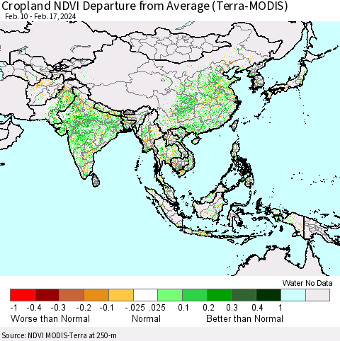 Asia Cropland NDVI Departure from Average (Terra-MODIS) Thematic Map For 2/10/2024 - 2/17/2024