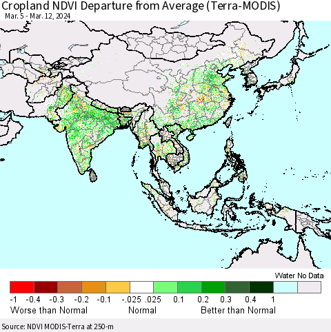 Asia Cropland NDVI Departure from Average (Terra-MODIS) Thematic Map For 3/5/2024 - 3/12/2024