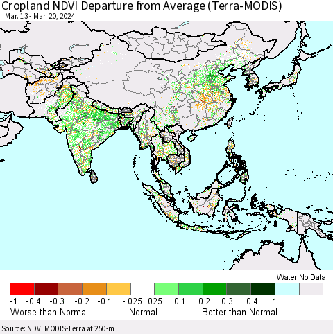 Asia Cropland NDVI Departure from Average (Terra-MODIS) Thematic Map For 3/13/2024 - 3/20/2024