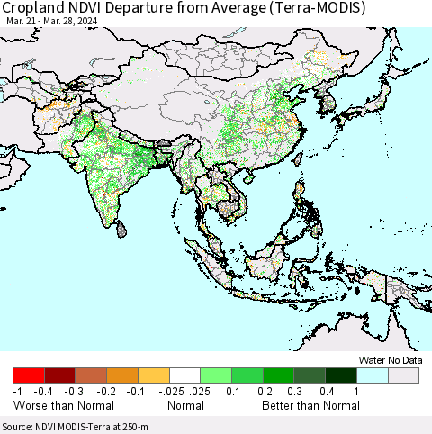 Asia Cropland NDVI Departure from Average (Terra-MODIS) Thematic Map For 3/21/2024 - 3/28/2024