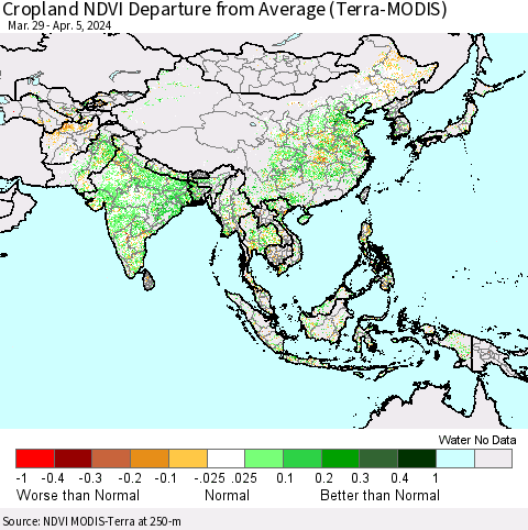 Asia Cropland NDVI Departure from Average (Terra-MODIS) Thematic Map For 3/29/2024 - 4/5/2024