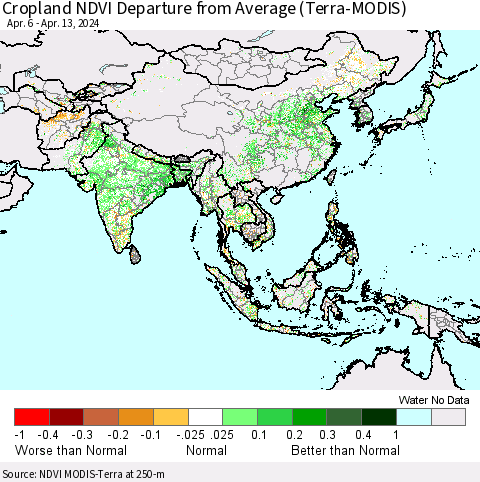 Asia Cropland NDVI Departure from Average (Terra-MODIS) Thematic Map For 4/6/2024 - 4/13/2024