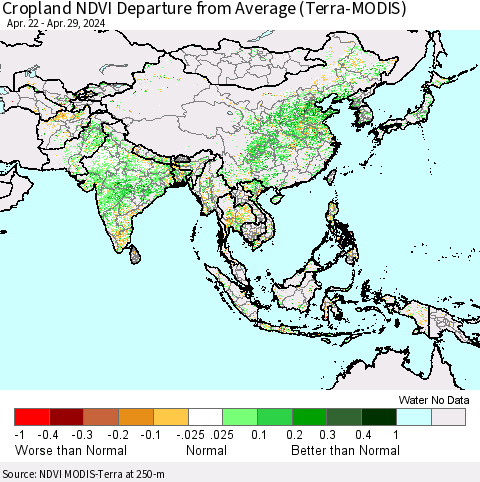 Asia Cropland NDVI Departure from Average (Terra-MODIS) Thematic Map For 4/22/2024 - 4/29/2024