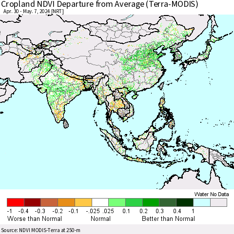 Asia Cropland NDVI Departure from Average (Terra-MODIS) Thematic Map For 4/30/2024 - 5/7/2024