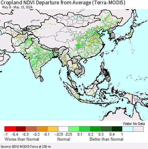 Asia Cropland NDVI Departure from Average (Terra-MODIS) Thematic Map For 5/8/2024 - 5/15/2024
