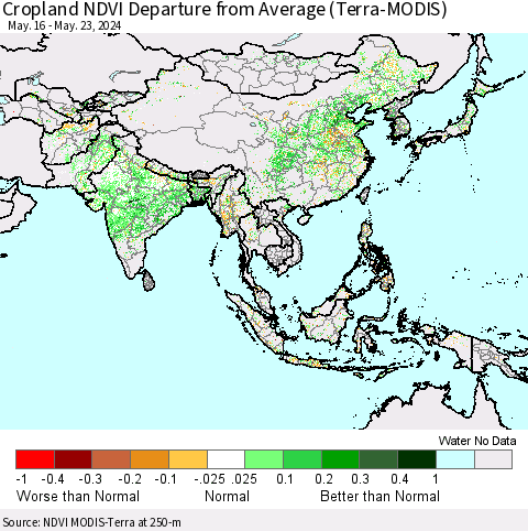Asia Cropland NDVI Departure from Average (Terra-MODIS) Thematic Map For 5/16/2024 - 5/23/2024