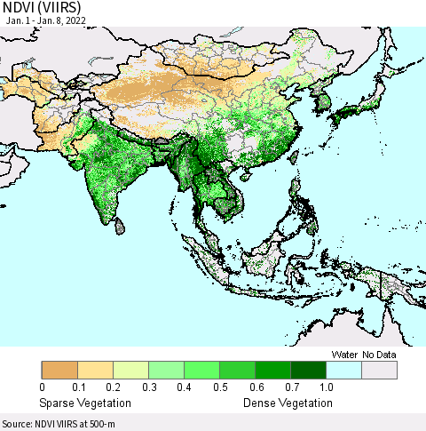 Asia NDVI (VIIRS) Thematic Map For 1/1/2022 - 1/8/2022