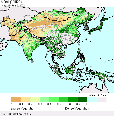 Asia NDVI (VIIRS) Thematic Map For 5/25/2022 - 6/1/2022