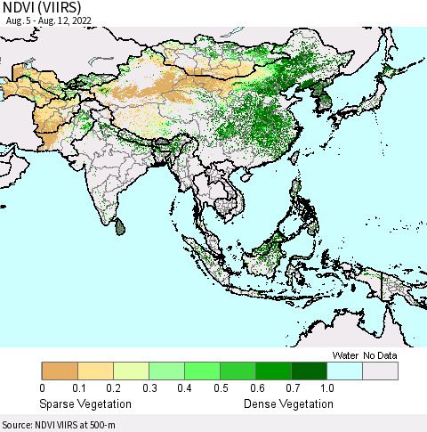 Asia NDVI (VIIRS) Thematic Map For 8/5/2022 - 8/12/2022