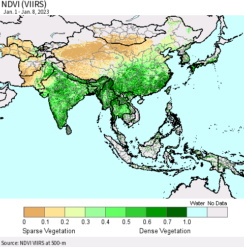 Asia NDVI (VIIRS) Thematic Map For 1/1/2023 - 1/8/2023