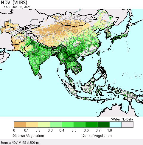Asia NDVI (VIIRS) Thematic Map For 1/9/2023 - 1/16/2023