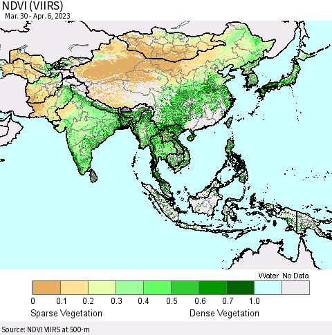 Asia NDVI (VIIRS) Thematic Map For 3/30/2023 - 4/6/2023