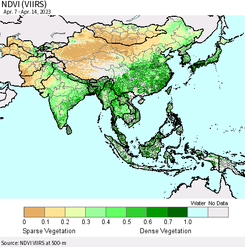 Asia NDVI (VIIRS) Thematic Map For 4/7/2023 - 4/14/2023