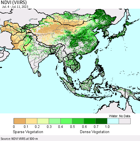 Asia NDVI (VIIRS) Thematic Map For 7/4/2023 - 7/11/2023