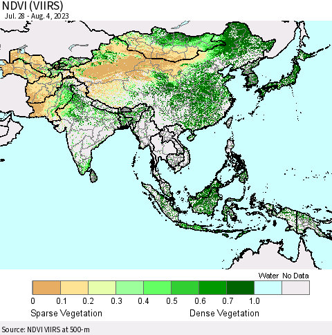 Asia NDVI (VIIRS) Thematic Map For 7/28/2023 - 8/4/2023