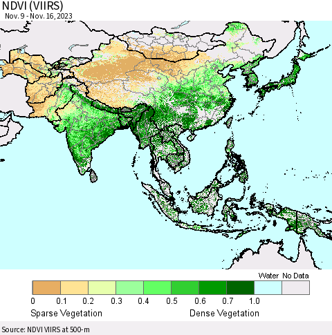 Asia NDVI (VIIRS) Thematic Map For 11/9/2023 - 11/16/2023