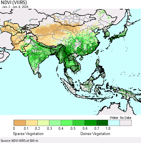 Asia NDVI (VIIRS) Thematic Map For 1/1/2024 - 1/8/2024
