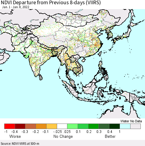 Asia NDVI Departure from Previous 8-days (VIIRS) Thematic Map For 1/1/2022 - 1/8/2022