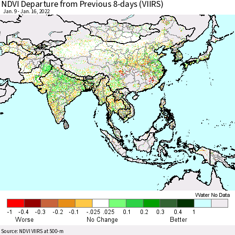 Asia NDVI Departure from Previous 8-days (VIIRS) Thematic Map For 1/9/2022 - 1/16/2022