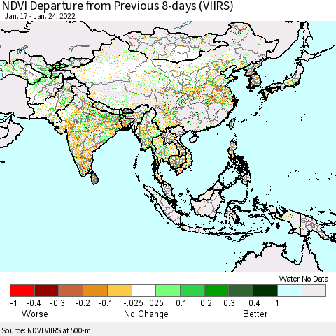 Asia NDVI Departure from Previous 8-days (VIIRS) Thematic Map For 1/17/2022 - 1/24/2022