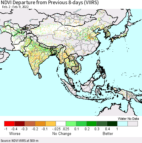 Asia NDVI Departure from Previous 8-days (VIIRS) Thematic Map For 2/2/2022 - 2/9/2022