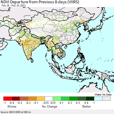 Asia NDVI Departure from Previous 8-days (VIIRS) Thematic Map For 2/18/2022 - 2/25/2022