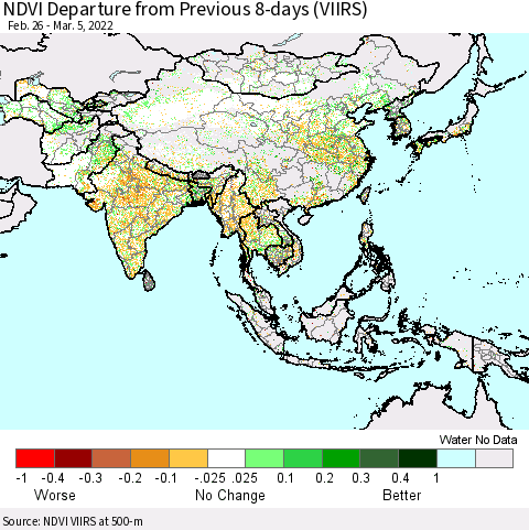 Asia NDVI Departure from Previous 8-days (VIIRS) Thematic Map For 2/26/2022 - 3/5/2022