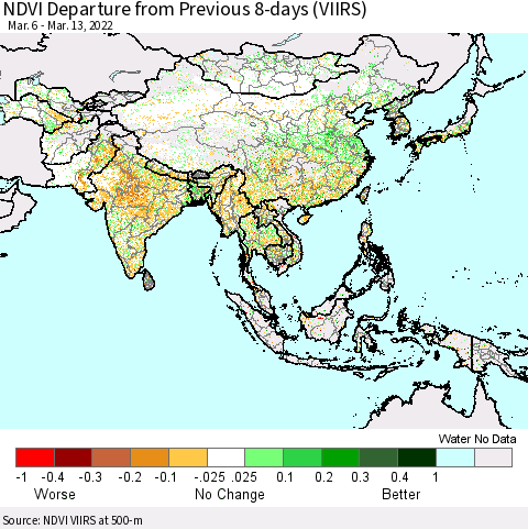 Asia NDVI Departure from Previous 8-days (VIIRS) Thematic Map For 3/6/2022 - 3/13/2022