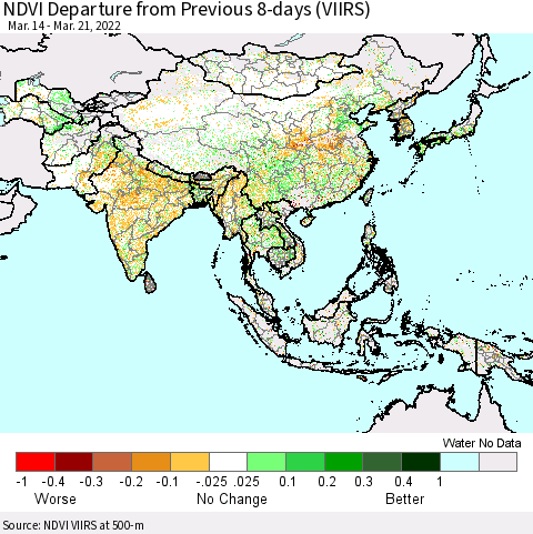 Asia NDVI Departure from Previous 8-days (VIIRS) Thematic Map For 3/14/2022 - 3/21/2022