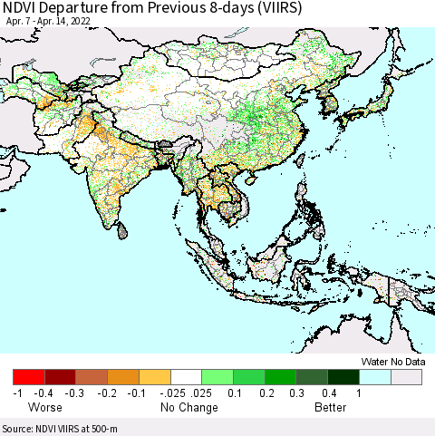Asia NDVI Departure from Previous 8-days (VIIRS) Thematic Map For 4/7/2022 - 4/14/2022