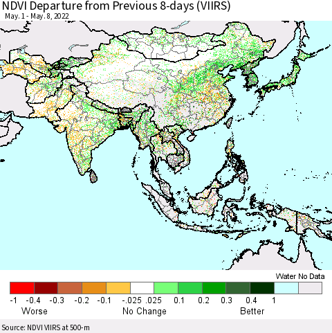 Asia NDVI Departure from Previous 8-days (VIIRS) Thematic Map For 5/1/2022 - 5/8/2022