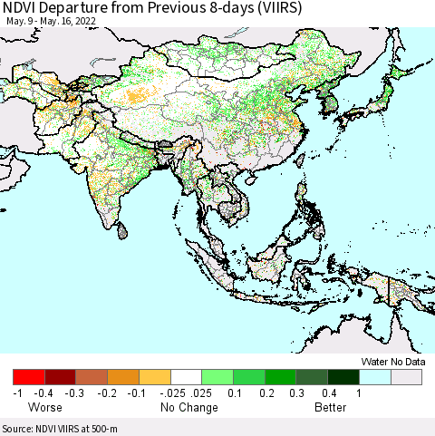 Asia NDVI Departure from Previous 8-days (VIIRS) Thematic Map For 5/9/2022 - 5/16/2022