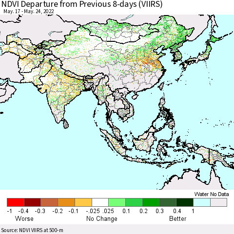 Asia NDVI Departure from Previous 8-days (VIIRS) Thematic Map For 5/17/2022 - 5/24/2022