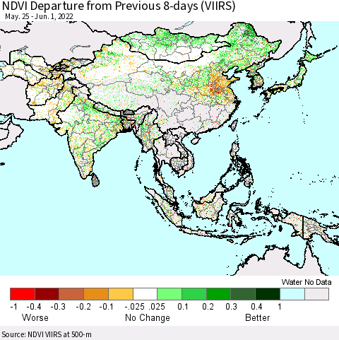 Asia NDVI Departure from Previous 8-days (VIIRS) Thematic Map For 5/25/2022 - 6/1/2022