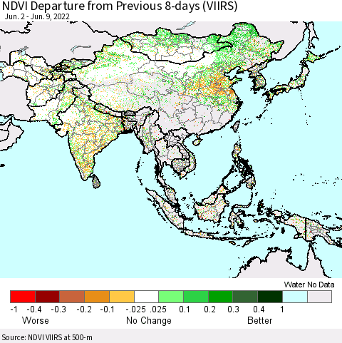 Asia NDVI Departure from Previous 8-days (VIIRS) Thematic Map For 6/2/2022 - 6/9/2022