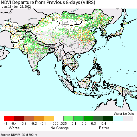 Asia NDVI Departure from Previous 8-days (VIIRS) Thematic Map For 6/18/2022 - 6/25/2022